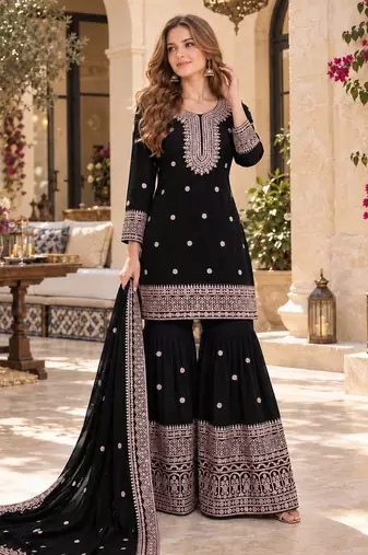 black chinon readymade suit with embroidery & sequence work