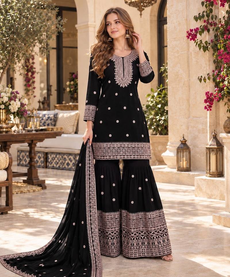 black chinon readymade suit with embroidery & sequence work