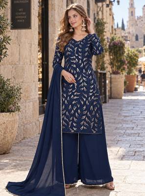 navy georgette free size stitched suit with embroidery & sequence work  1
