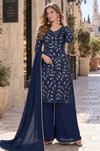 navy georgette free size stitched suit with embroidery & sequence work 