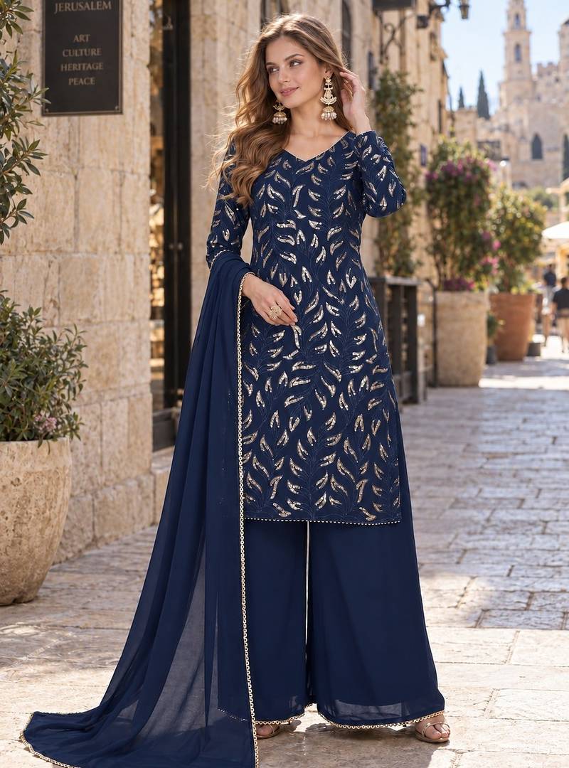 navy georgette free size stitched suit with embroidery & sequence work 