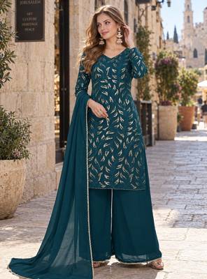 d green georgette free size stitched suit with embroidery & sequence work  1