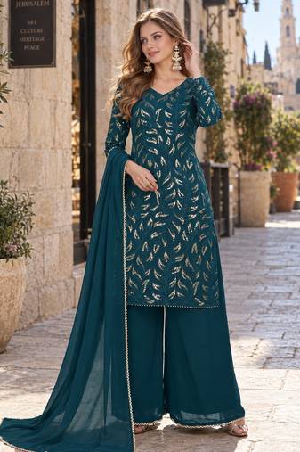 d green georgette free size stitched suit with embroidery & sequence work 