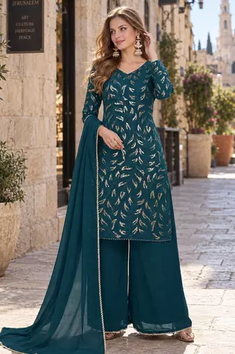 d green georgette free size stitched suit with embroidery & sequence work 