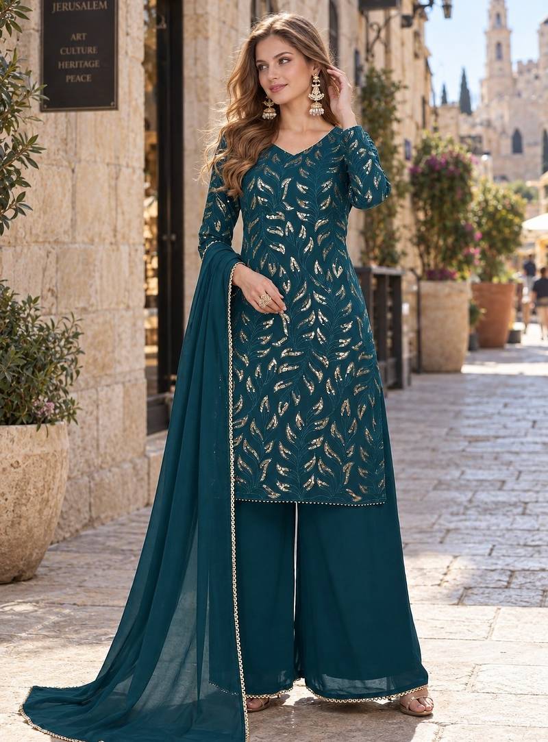 d green georgette free size stitched suit with embroidery & sequence work 