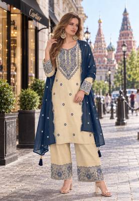 white & teal cotton unstitched suit with embroidery patch work 1