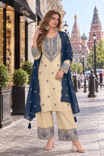 white & teal cotton unstitched suit with embroidery patch work