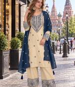 white & teal cotton unstitched suit with embroidery patch work