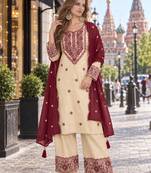 white & maroon cotton unstitched suit with embroidery patch work