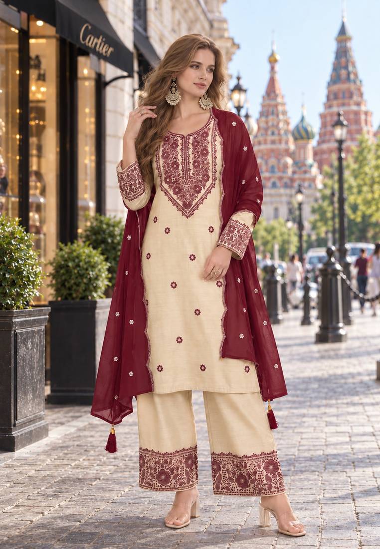 white & maroon cotton unstitched suit with embroidery patch work