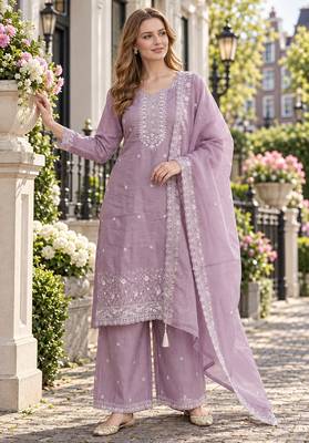 lavender silk blend unstitched suit with embroidery & sequence work 1