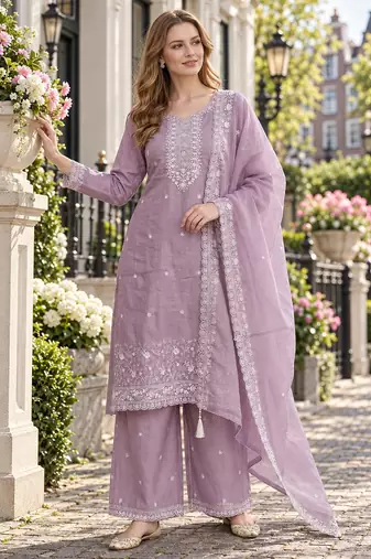 lavender silk blend unstitched suit with embroidery & sequence work