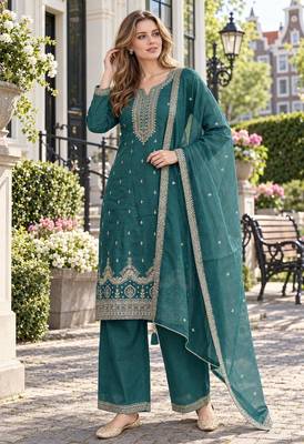 teal green silk blend unstitched suit with embroidery & sequence work 1