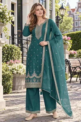 teal green silk blend unstitched suit with embroidery & sequence work