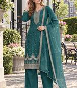 teal green silk blend unstitched suit with embroidery & sequence work