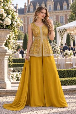 yellow georgette readymade palazzo suit with sequence lakhnavi embroidery work 1