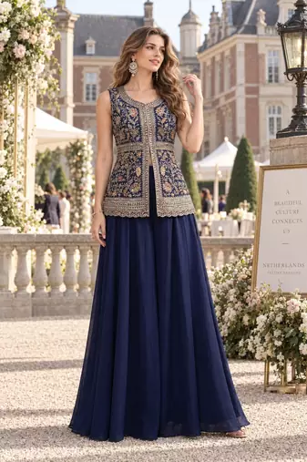 navy georgette readymade palazzo suit with sequence lakhnavi embroidery work