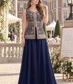 navy georgette readymade palazzo suit with sequence lakhnavi embroidery work