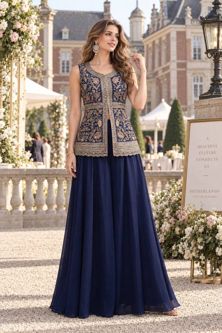 navy georgette readymade palazzo suit with sequence lakhnavi embroidery work