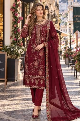 maroon chiffon semi stitched suit with embroidery & sequence work