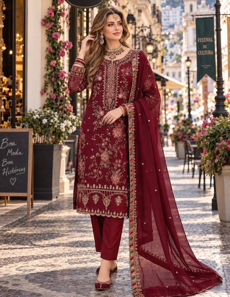 maroon chiffon semi stitched suit with embroidery & sequence work