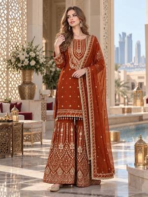 orange georgette readymade suit with embroidery & sequence work 1