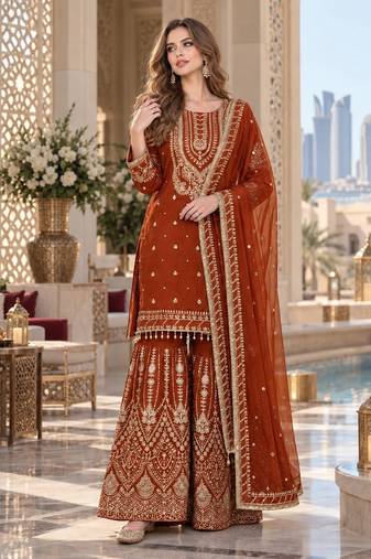 orange georgette readymade suit with embroidery & sequence work