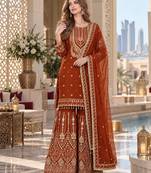 orange georgette readymade suit with embroidery & sequence work