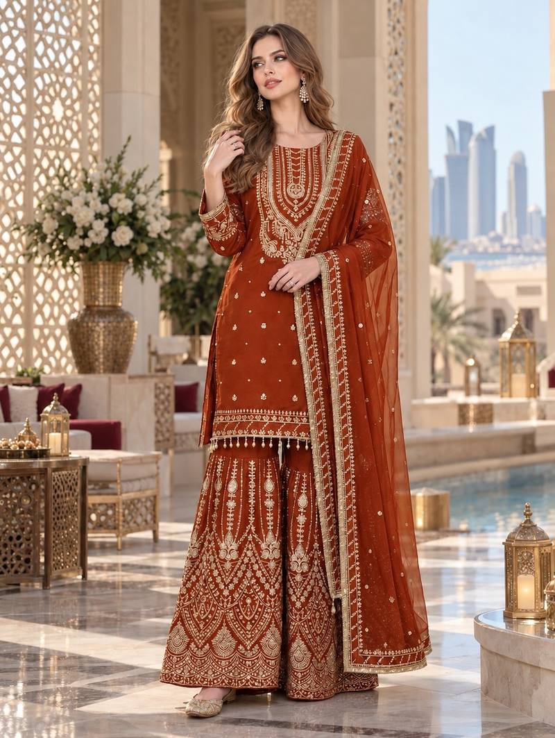 orange georgette readymade suit with embroidery & sequence work