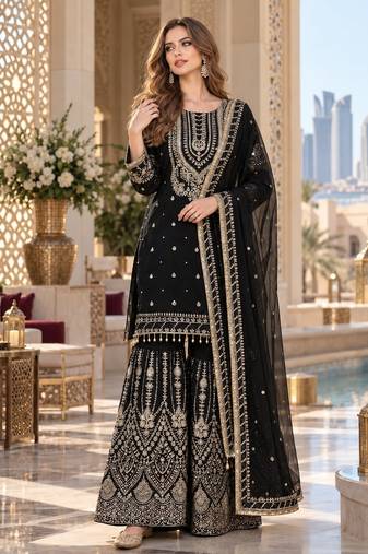 black georgette readymade suit with embroidery & sequence work