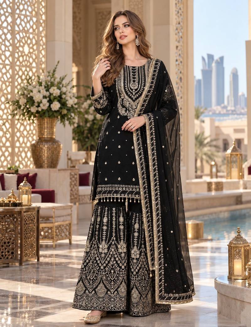 black georgette readymade suit with embroidery & sequence work