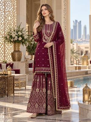 maroon georgette readymade suit with embroidery & sequence work 1
