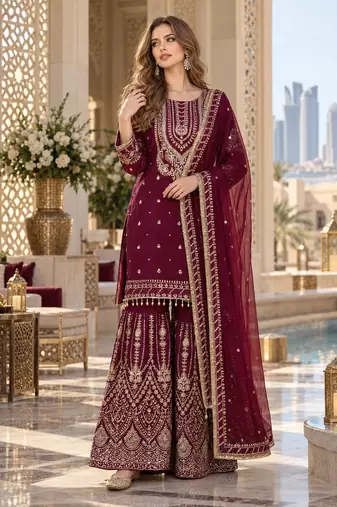 maroon georgette readymade suit with embroidery & sequence work