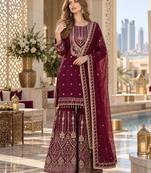 maroon georgette readymade suit with embroidery & sequence work