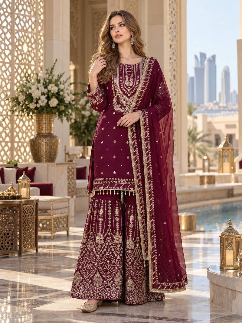 maroon georgette readymade suit with embroidery & sequence work