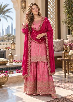 pink chinon readymade suit with embroidery & sequence work 1