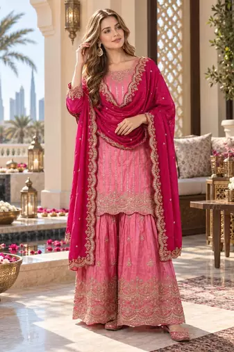 pink chinon readymade suit with embroidery & sequence work
