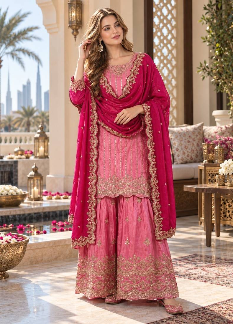 pink chinon readymade suit with embroidery & sequence work