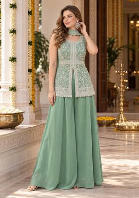 green georgette readymade suit with embroidery & sequence work 1