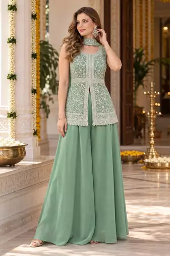 green georgette readymade suit with embroidery & sequence work
