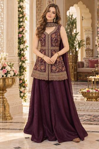 maroon georgette readymade suit with multi embroidery & sequence work