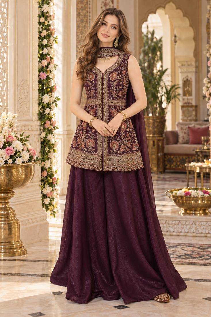 maroon georgette readymade suit with multi embroidery & sequence work