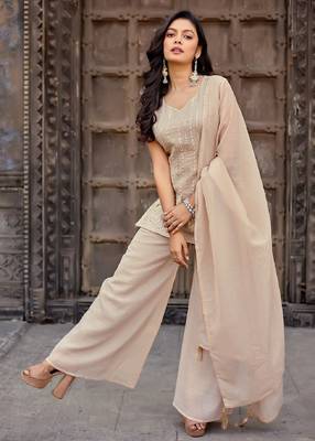 Beige embroidered crunchy silk kurti with plazzo and duppata set 1