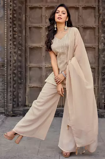 Beige embroidered crunchy silk kurti with plazzo and duppata set