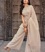 Beige embroidered crunchy silk kurti with plazzo and duppata set