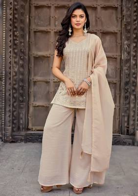 Beige embroidered crunchy silk kurti with plazzo and duppata set 2
