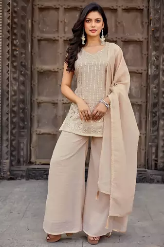 Beige embroidered crunchy silk kurti with plazzo and duppata set