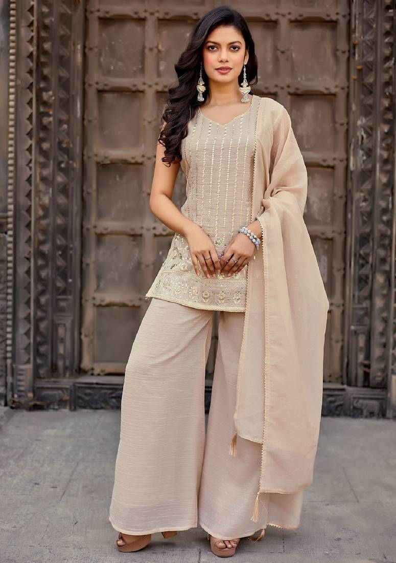 Beige embroidered crunchy silk kurti with plazzo and duppata set