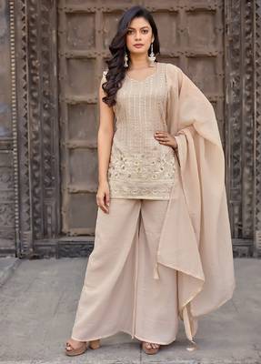 Beige embroidered crunchy silk kurti with plazzo and duppata set 3