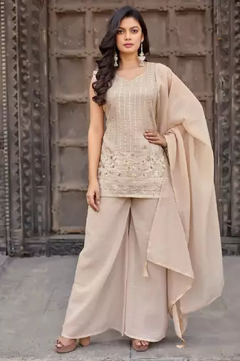 Beige embroidered crunchy silk kurti with plazzo and duppata set